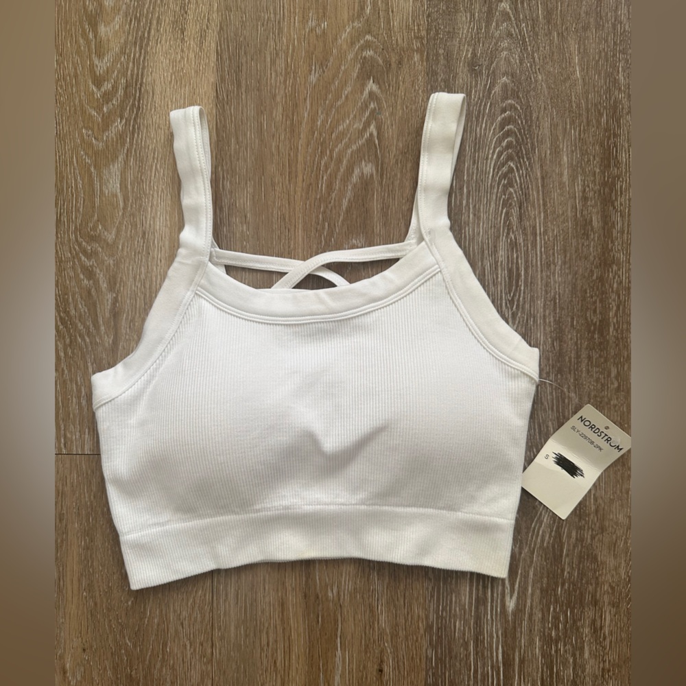 NWT Yogalicious White Ribbed Cross-Back Top
